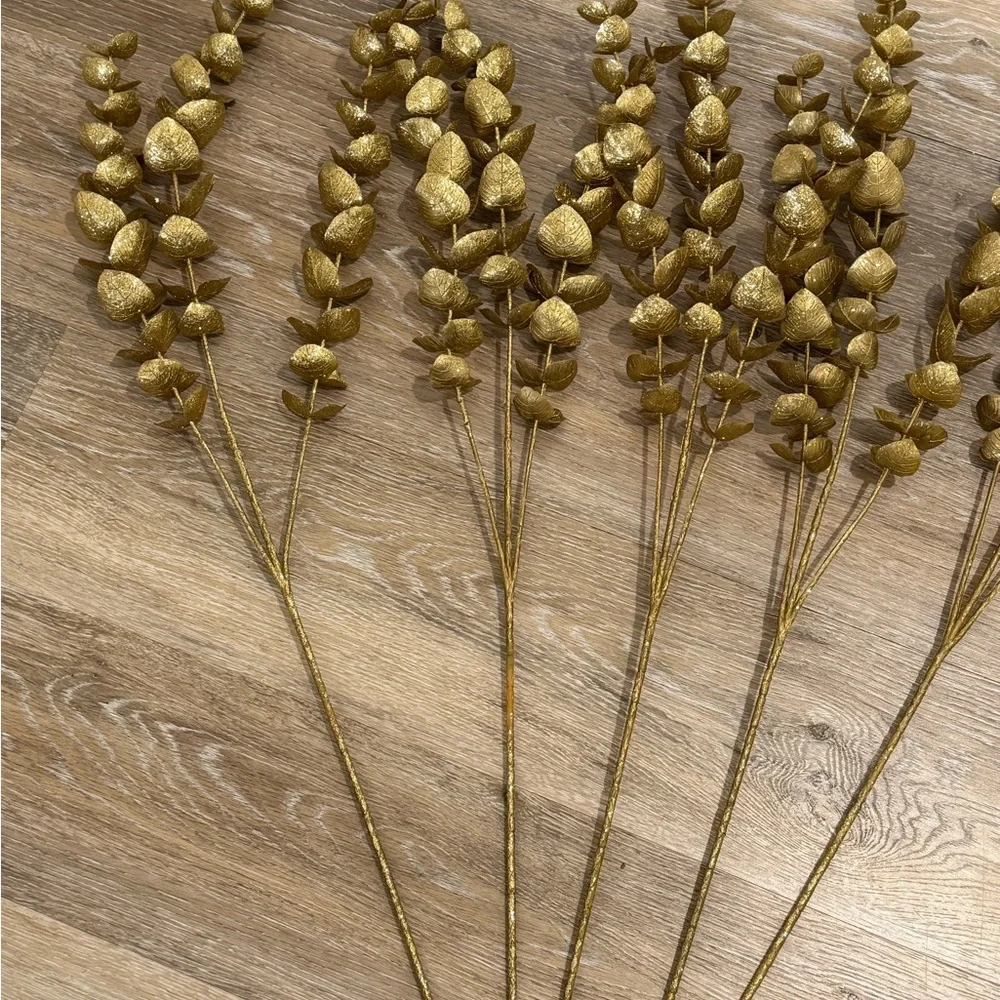 New Gold Metallic Faux Eucalyptus Christmas Floral Stems 26” - Set of 5